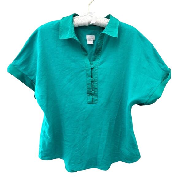 CHICO’S | Bright Green Linen Blend Satin Trim Popover Blouse | Size 2 Large - Picture 2 of 7